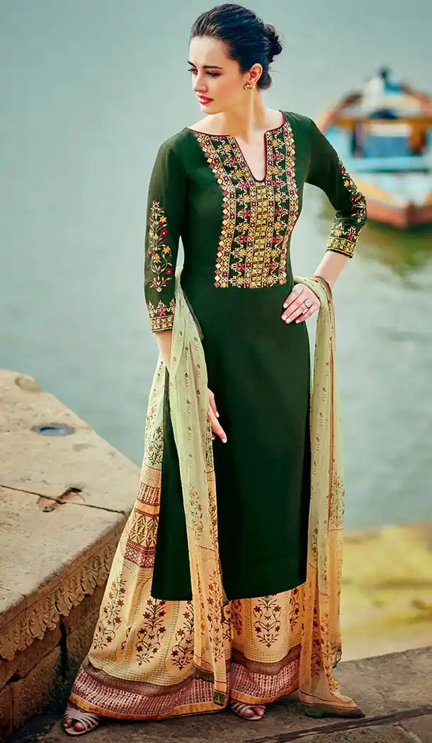 Chrome Green Color Cotton,Satin Straight Cut Style Evening Wear Palazzo Dresses | FH552982656
