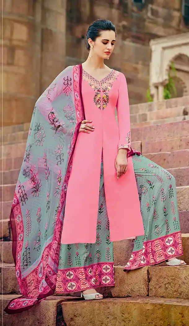Salmon Color Cotton,Satin Achkan Style Evening Wear Palazzo Dresses | FH552982659