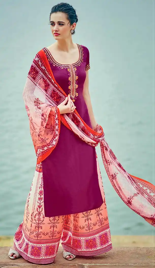Deep Pink Color Cotton,Satin Straight Cut Style Evening Wear Palazzo Dresses | FH552982660
