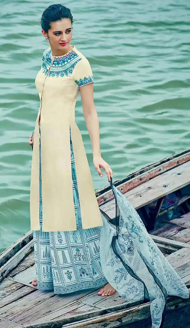 Cream Color Cotton,Satin Achkan Style Evening Wear Palazzo Dresses | FH552982661