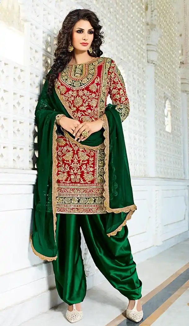 Pakistani Designer Chrome Green Color Silk Straight Cut Patiyala Dress | FH553382735