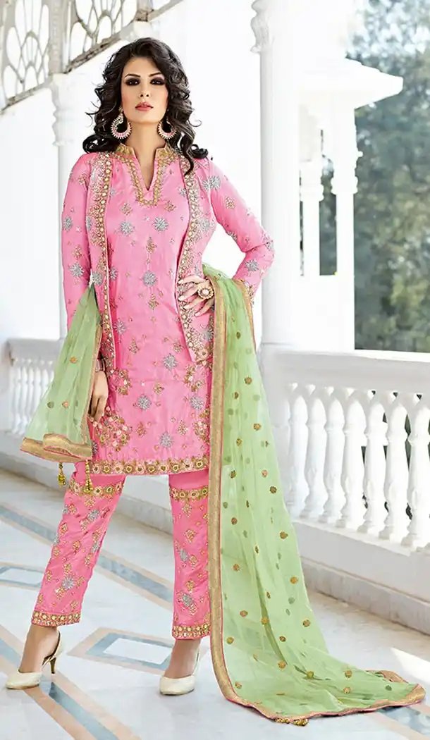 Pakistani Designer Pink Color Silk Straight Cut Sharara Suit | FH553382737