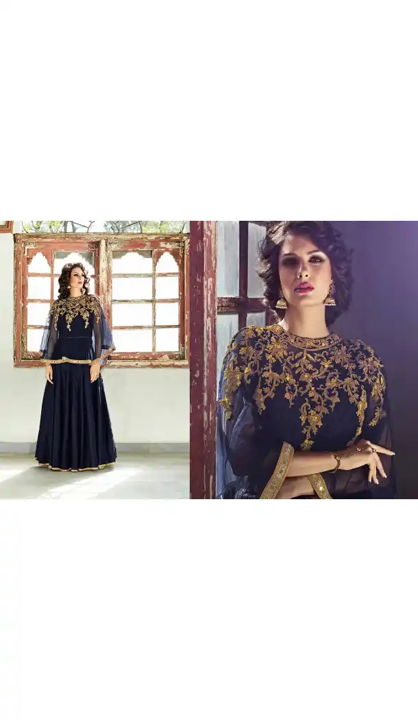 Pakistani Designer Navy Blue Color Silk Anarkali Churidar Suit | FH553382738