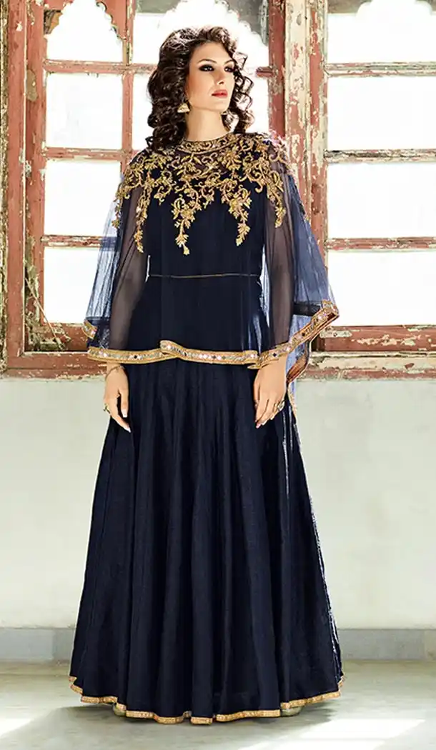 Pakistani Designer Navy Blue Color Silk Anarkali Churidar Suit | FH553382738