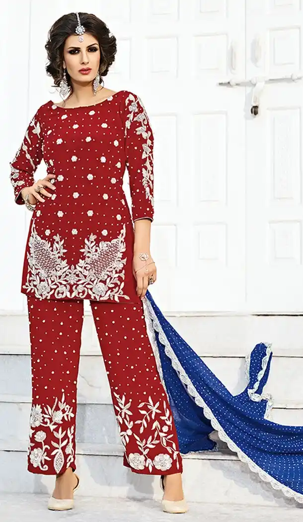 Pakistani Designer Maroon  Color Silk Short Kameez Palazzo Suit | FH553382742
