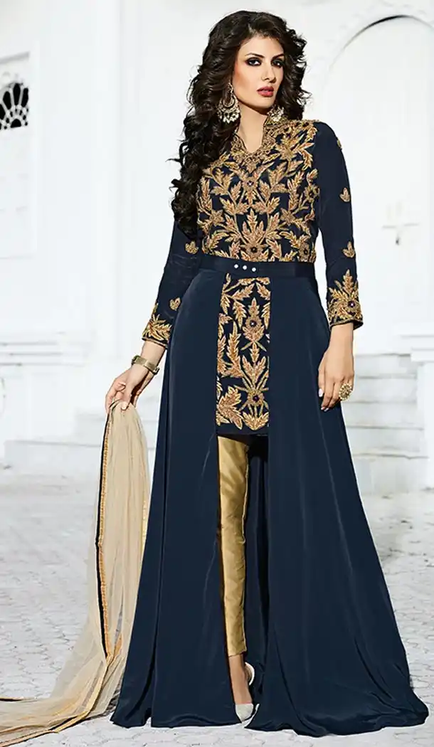 Pakistani Designer Navy Blue Color Crepe Silk Achkan Churidar Suit | FH553382743