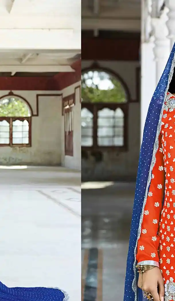Pakistani Designer Orange Color Crepe Silk Straight Cut Churidar Suit | FH553382744
