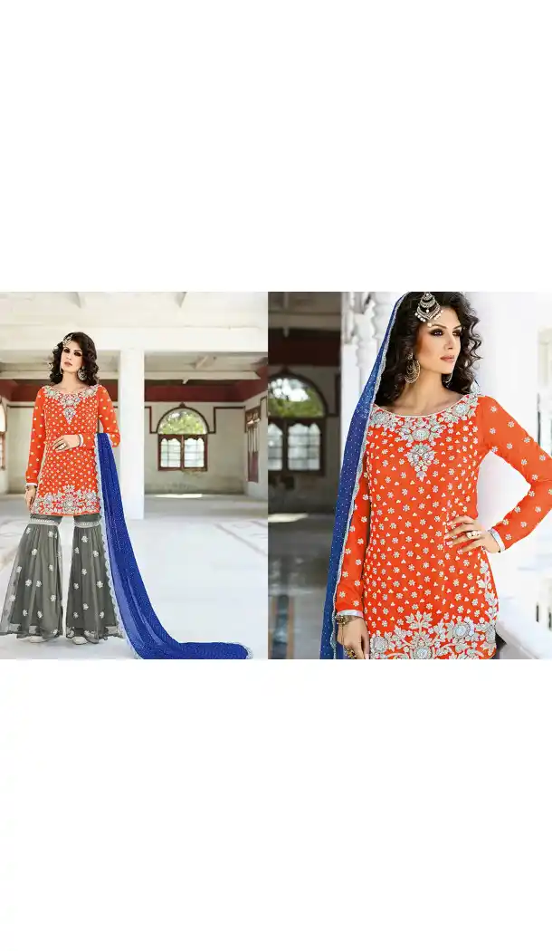 Pakistani Designer Orange Color Crepe Silk Straight Cut Churidar Suit | FH553382744