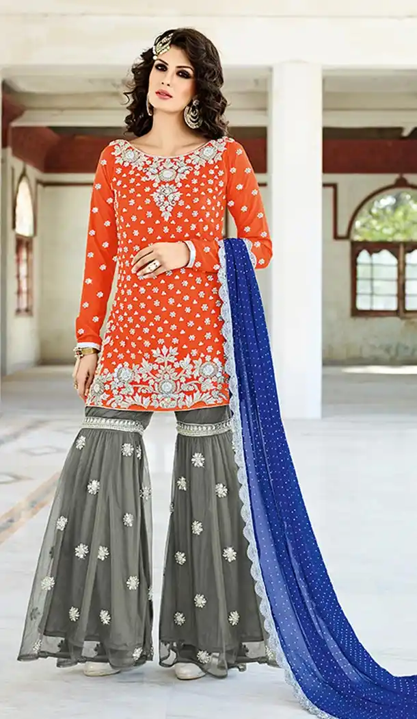 Pakistani Designer Orange Color Crepe Silk Straight Cut Churidar Suit | FH553382744