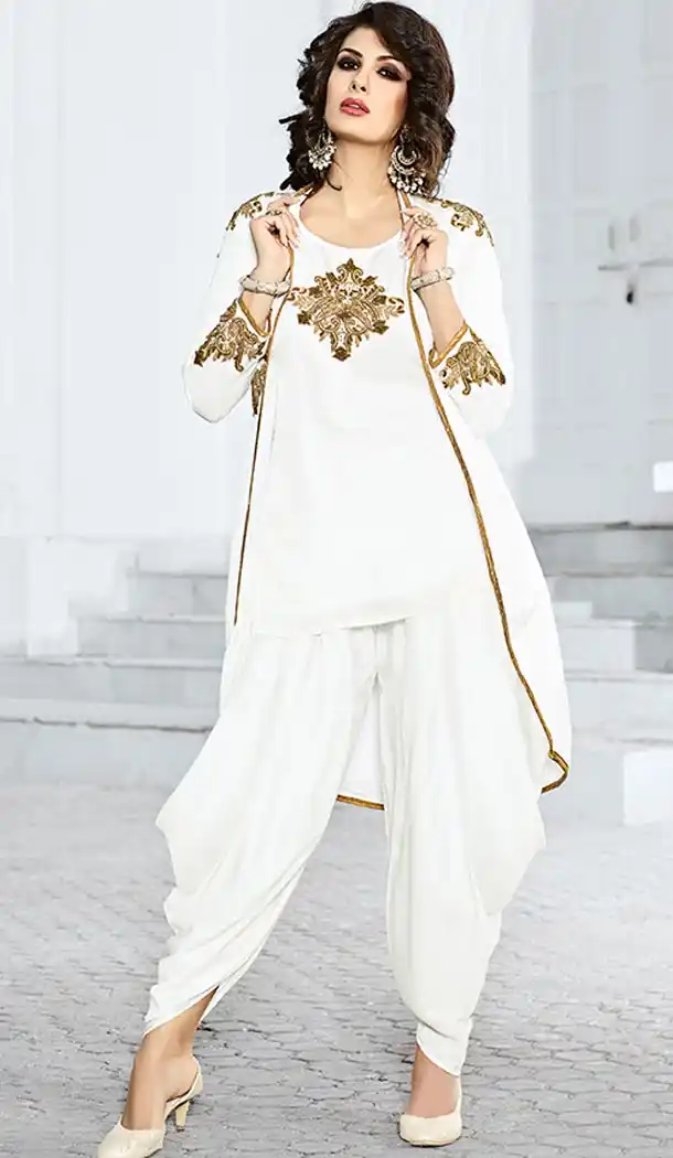 Pakistani Designer White Color Satin Straight Cut Dhoti Suit | FH553382745