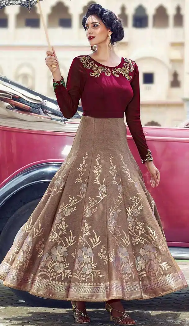 Tan Brown Color Jacquard Party Wear Style Readymade Gown | FH553582670