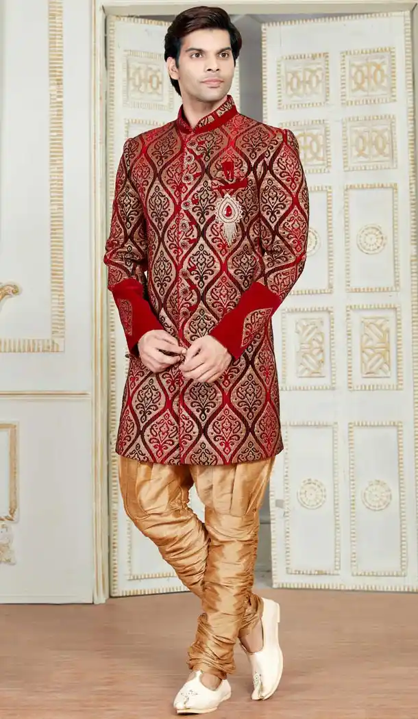 Premium Quality Wedding Sherwani with Bridges In Brocade Red Color | FH554282789