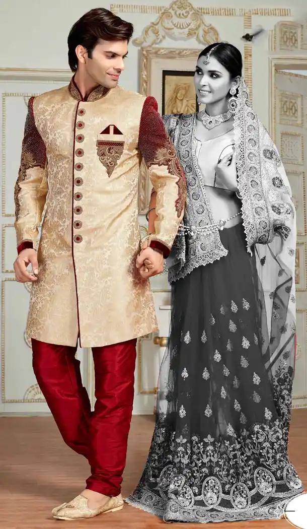 Premium Quality Wedding Sherwani with Churidar In Brocade Beige Color | FH554282790