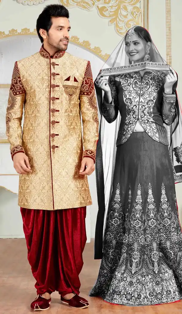 Premium Quality Wedding Sherwani with Dhoti In Brocade Beige Color | FH554282791