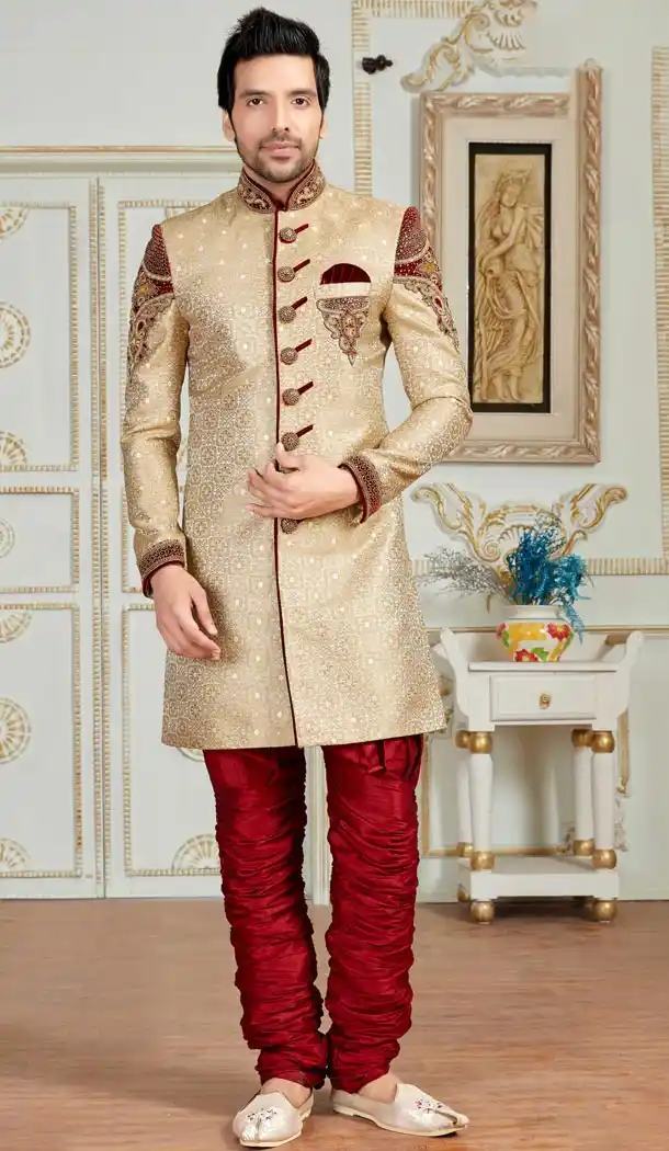 Premium Quality Wedding Sherwani with Bridges In Brocade Beige Color | FH554282792
