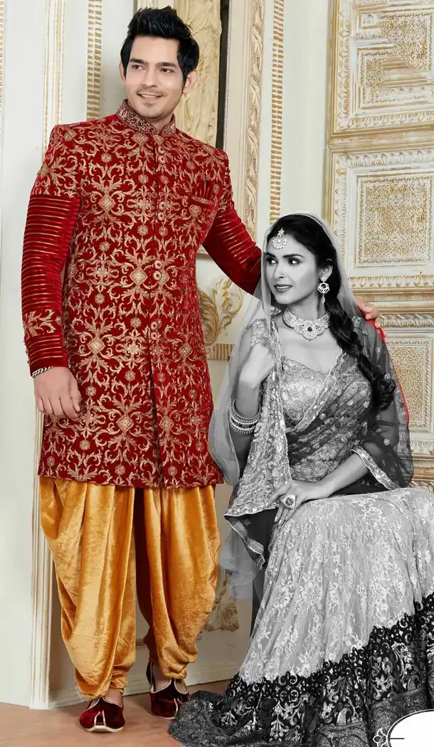 Premium Quality Wedding Sherwani with Dhoti In Velvet Red Color | FH554282795