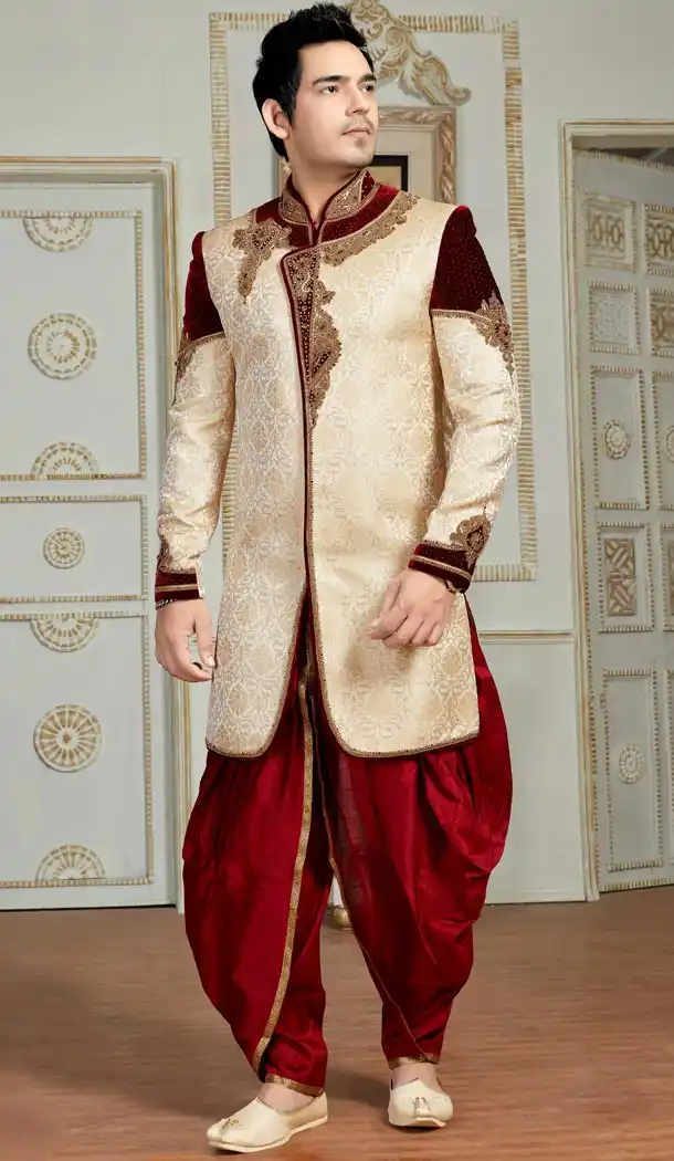 Premium Quality Wedding Sherwani with Dhoti In Brocade Off White Color | FH554282798