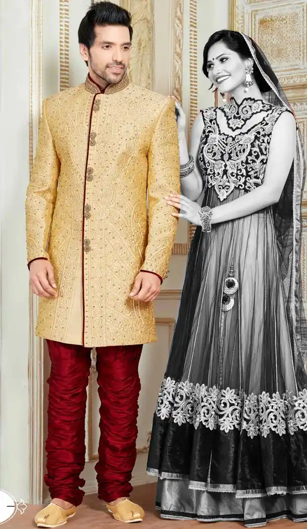 Premium Quality Wedding Sherwani with Bridges In Brocade Beige Color | FH554282799