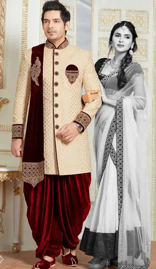 Premium Quality Wedding Sherwani with Dhoti In Brocade Beige Color | FH554282800