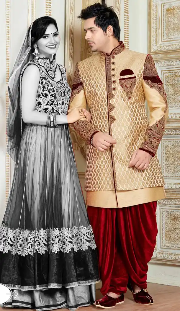 Premium Quality Wedding Sherwani with Dhoti In Art Silk Beige Color | FH554282801