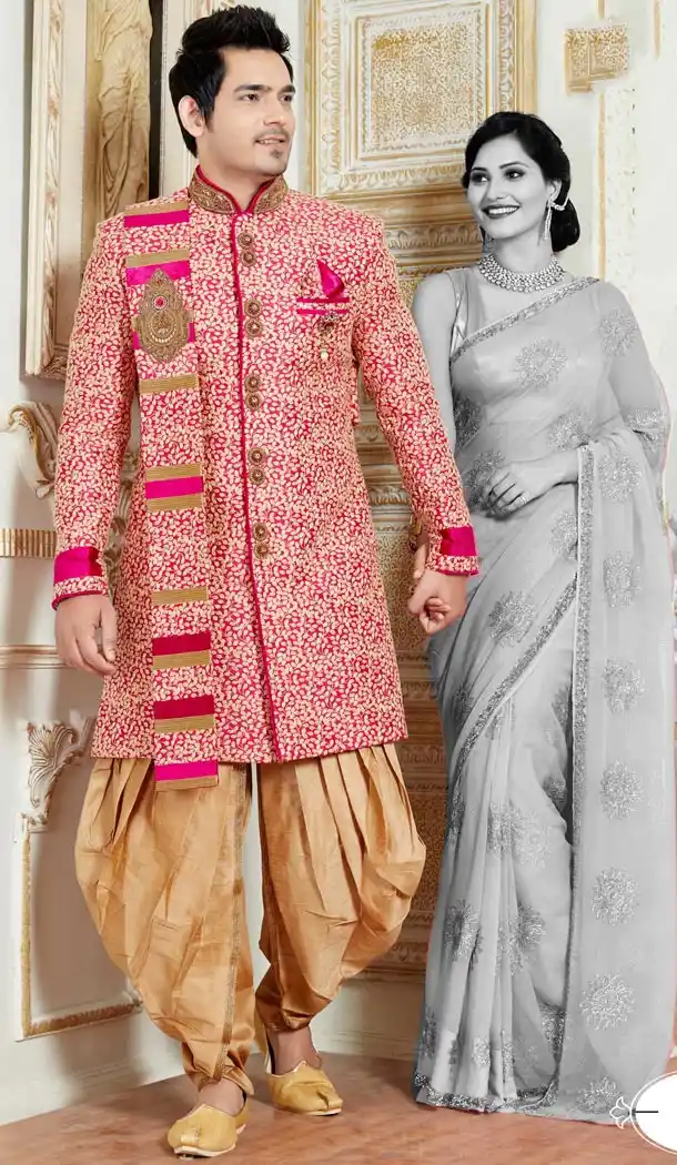 Premium Quality Wedding Sherwani with Dhoti In Fancy Deep Pink Color | FH554282802