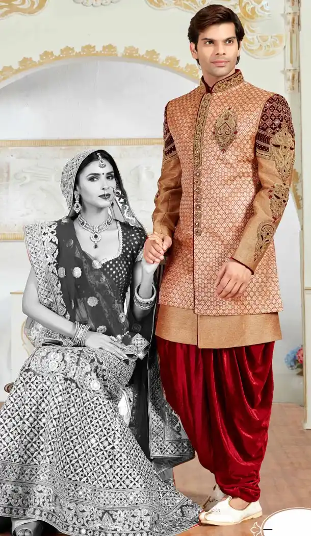Premium Quality Wedding Sherwani with Dhoti In Brocade Brown Color | FH554282803