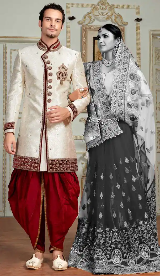 Premium Quality Wedding Sherwani with Dhoti In Brocade Off White Color | FH554282804