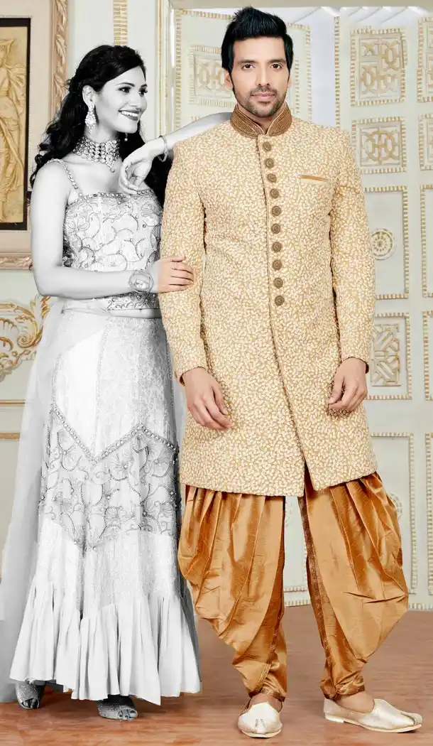 Premium Quality Wedding Sherwani with Dhoti In Fancy Beige Color | FH554282805
