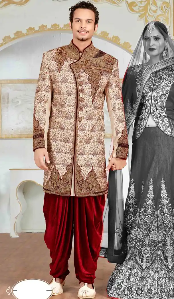 Premium Quality Wedding Sherwani with Dhoti In Fancy Beige Color | FH554282806