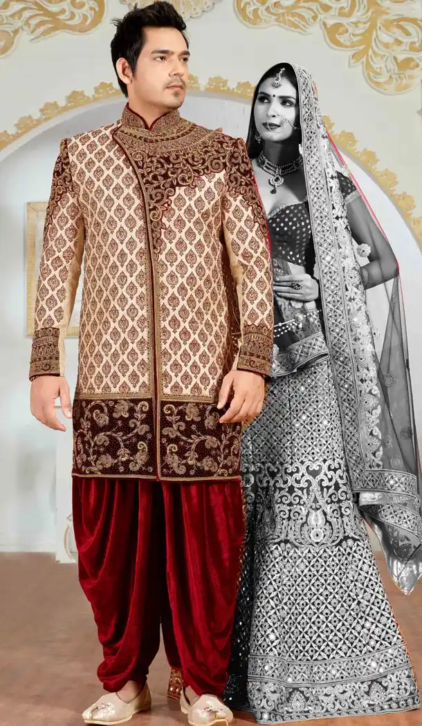 Premium Quality Wedding Sherwani with Dhoti In Fancy Beige Color | FH554282807