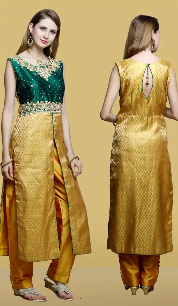 Premium Quality Designer Wear Achkan Narrow Pants Suit in Yellow Color | FH554882902