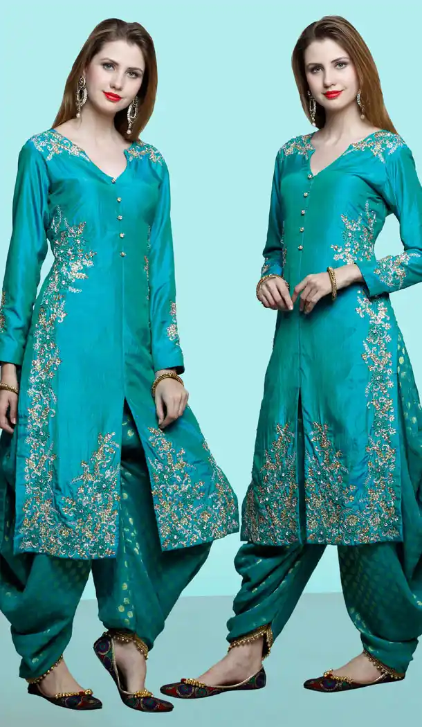 Premium Quality Designer Wear Achkan Patiyala Pants Suit in Greenish Blue Color | FH554882903