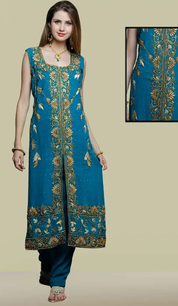 Premium Quality Designer Wear Achkan Narrow Pants Suit in Cyan Blue Color | FH554882914