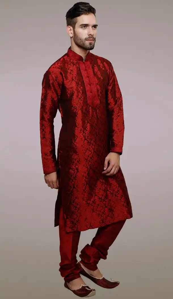 Maroon Color Brocade Party Wear Readymade Men Chudidar Kurta | FH554982862
