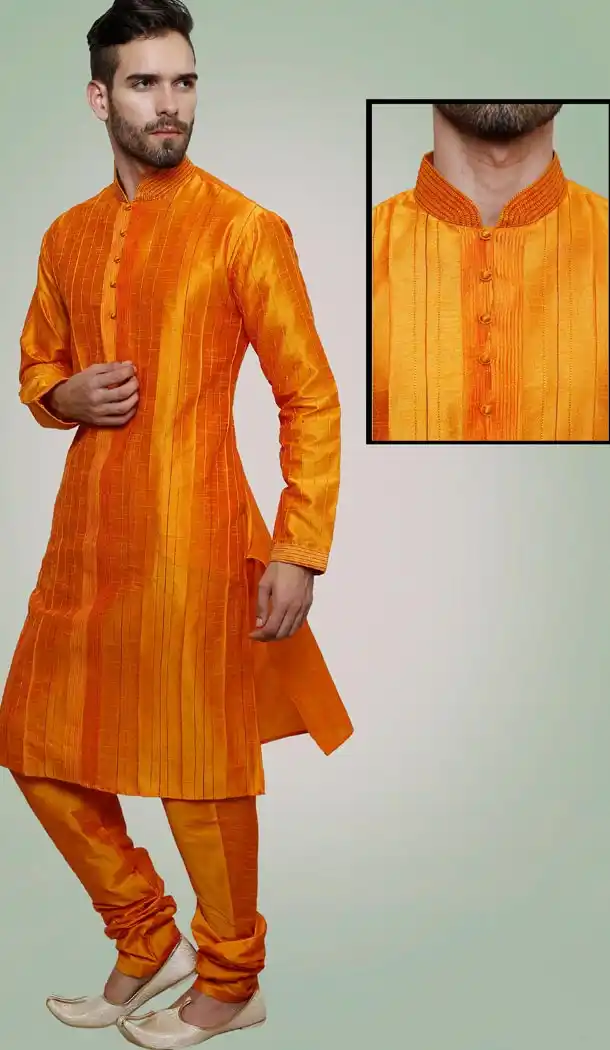 Orange Color Art Silk Party Wear Readymade Men Chudidar Kurta | FH554982863
