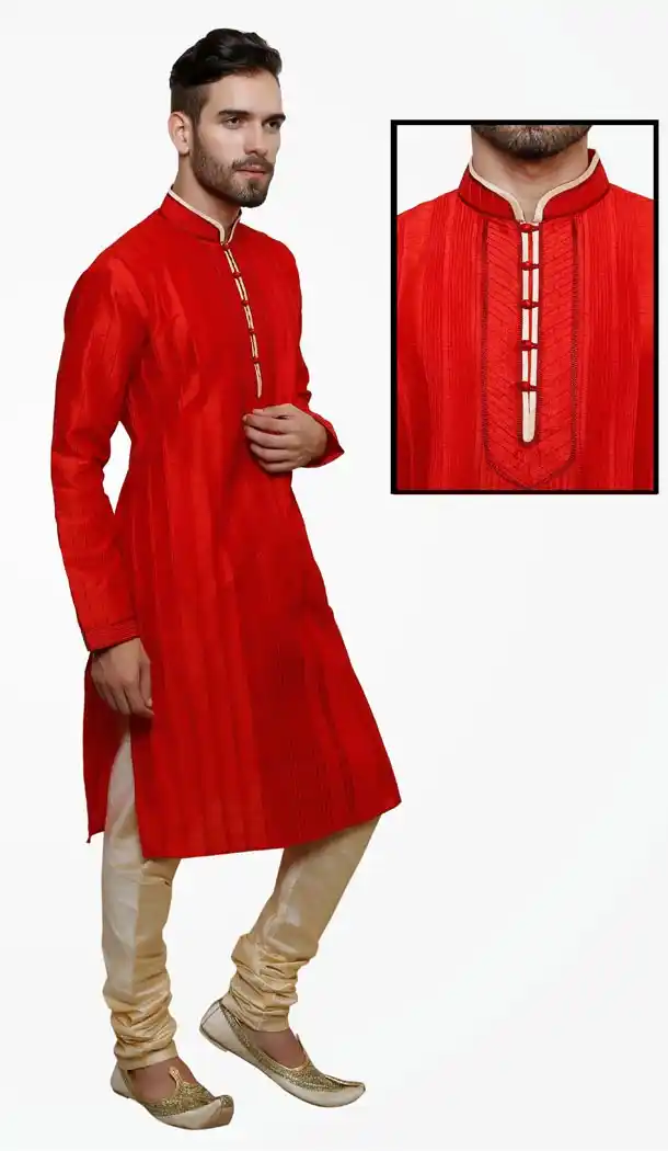 Red Color Art Silk Party Wear Readymade Men Churidar Kurta | FH554982864