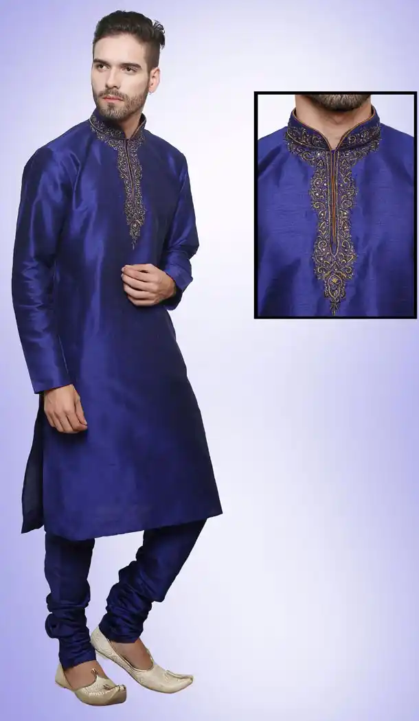 Blue Color Art Silk Party Wear Readymade Men Churidar Kurta | FH554982866