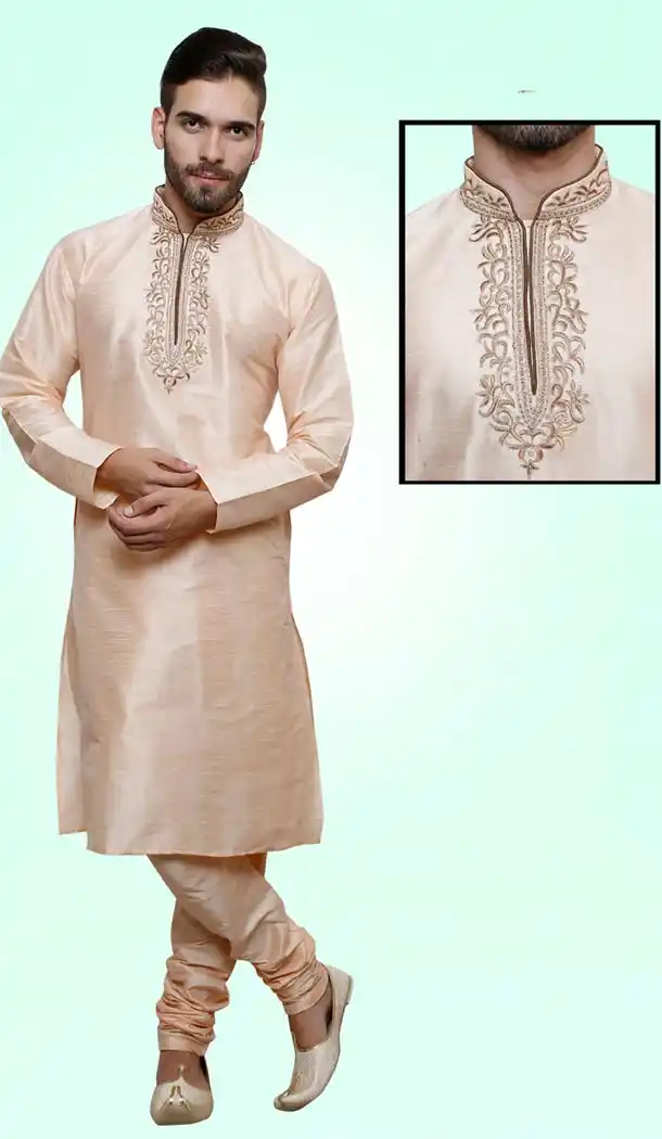 Cream Color Art Silk Party Wear Readymade Men Churidar Kurta | FH554982867