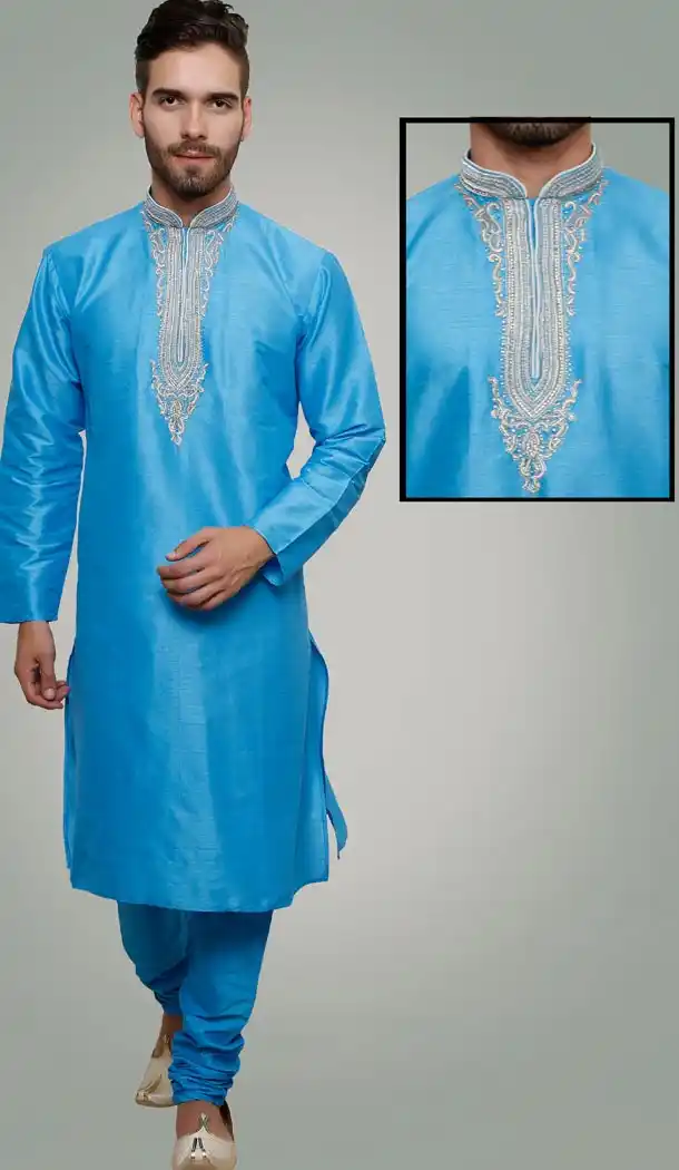 Blue Color Art Silk Party Wear Readymade Men Churidar Kurta | FH554982868