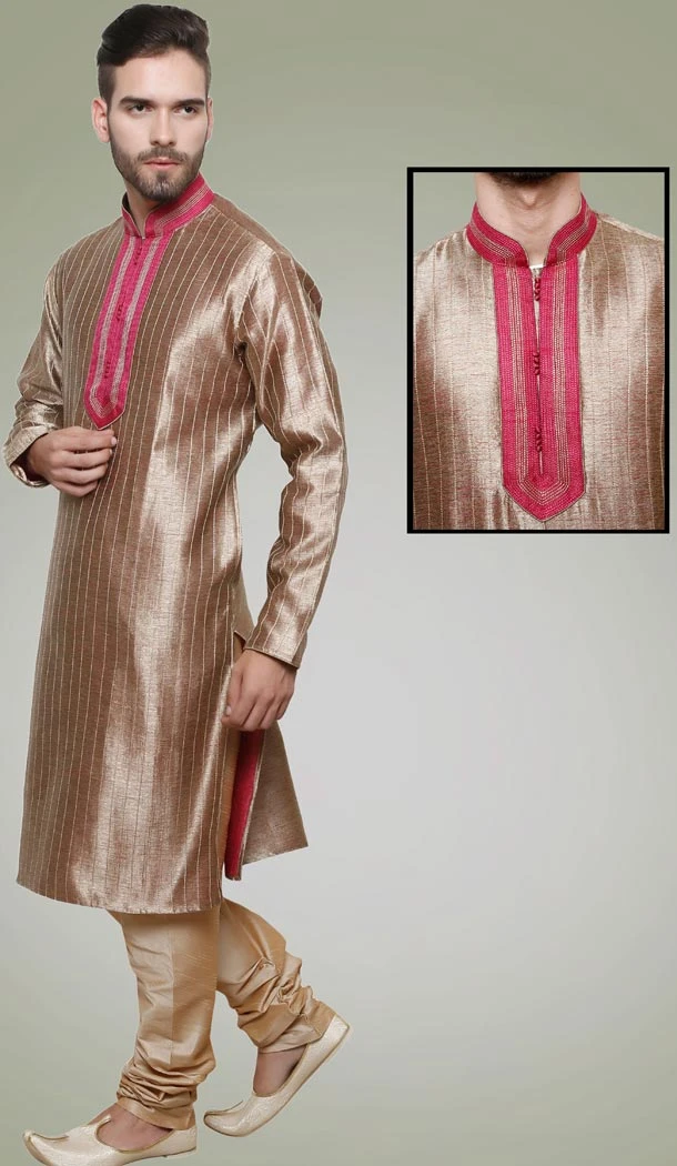 Brown Color Jute Party Wear Readymade Men Churidar Kurta | FH554982872
