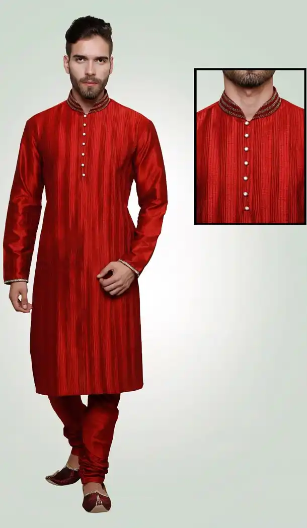 Red Color Art Silk Party Wear Readymade Men Churidar Kurta | FH554982873