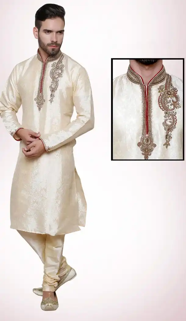 White Color Brocade Party Wear Readymade Men Churidar Kurta | FH554982875
