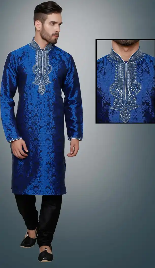 Blue Color Brocade Party Wear Readymade Men Churidar Kurta | FH554982876