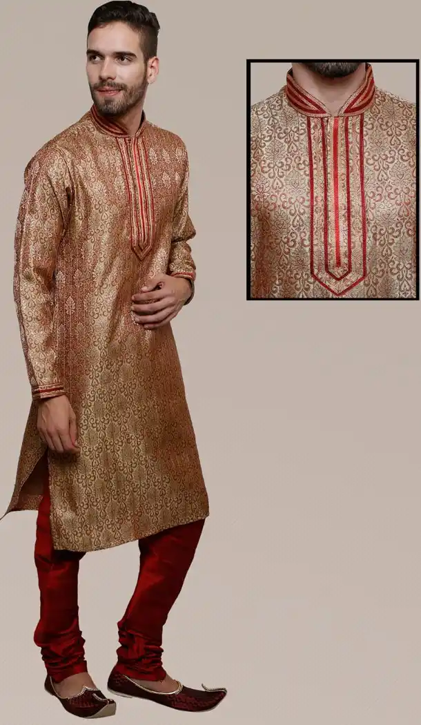 Beige Color Brocade Party Wear Readymade Men Churidar Kurta | FH554982877