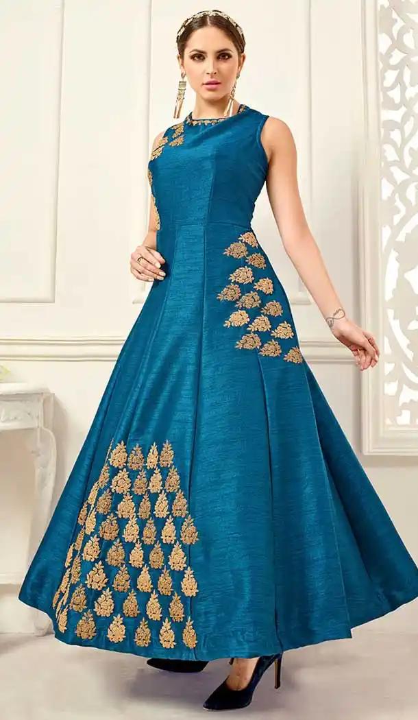Azure Blue Color Silk Embroidery Anarkali Style Salwar Kameez | FH555182917