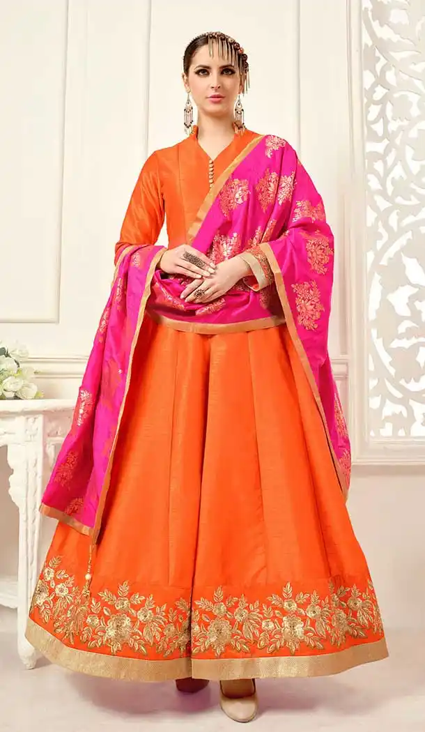 Orange Color Silk Embroidery Anarkali Style Salwar Kameez | FH555182919