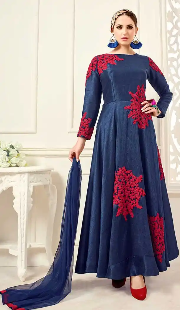 Blue Color Silk Embroidery Anarkali Style Salwar Kameez | FH555182920