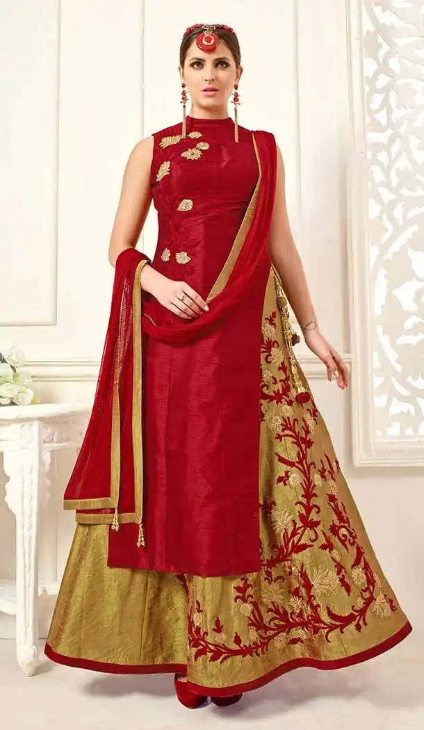 Red Color Silk Embroidery Achkan Style Lehenga Kameez | FH555182921