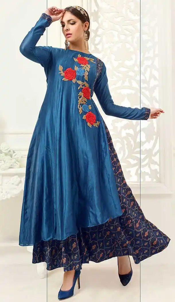 Azure Blue Color Silk Embroidery Achkan Style Lehenga Kameez | FH555182922
