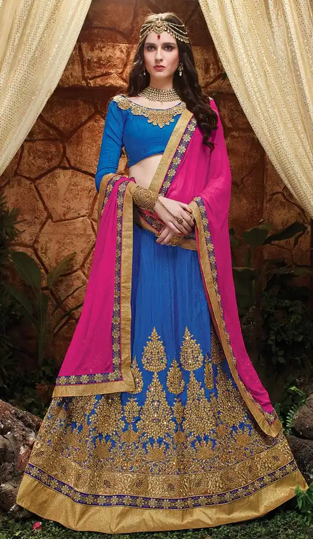 Azure Blue Color Silk Circular Style Indian Traditional Wear Lehenga Choli | FH555883005
